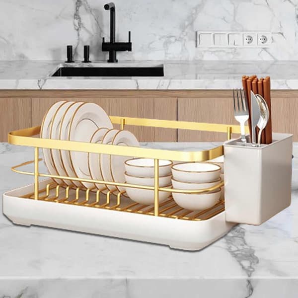 Dish Rack & ABS Cutlery Drainer with Utensil Holder and Tray for Kitchen Organization and Space-Saving Solution Gold