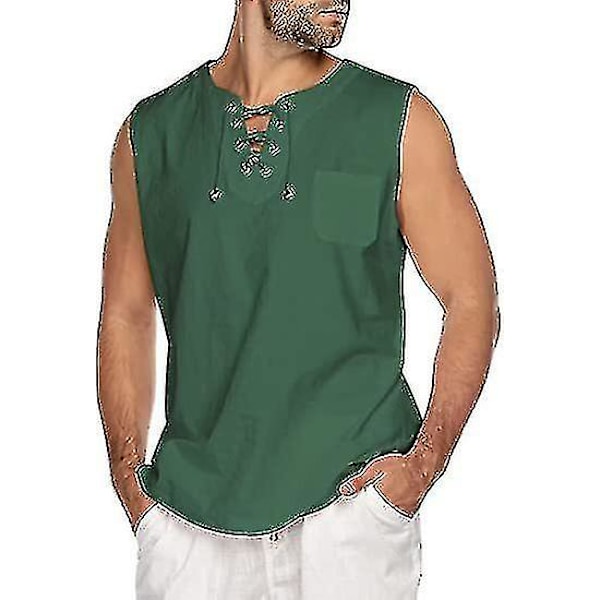 Tanktopper i bomulls- og linstoff for menn, avslappet, uten ermer, med snøring, strandtopper Green 2XL
