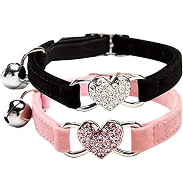 Rosa Soft Velvet Safe Cat Justerbar krage med Crystal Heart Charm och Bells 8-11 tum (svart+rosa)