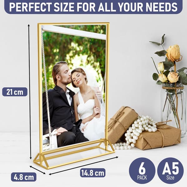 Gold Photo Frames Double Sided - 6 Pack - A5 Acrylic Gold Table Number Holders, Clear Easel Table Stands for Signs