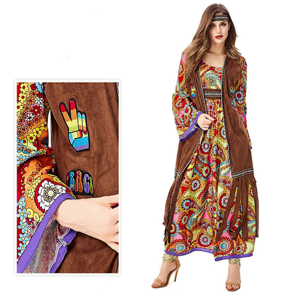 60-talets 70-talets Hippie Kostym Set med Hippie Tillbehör, Retro Hippie Kläder XL
