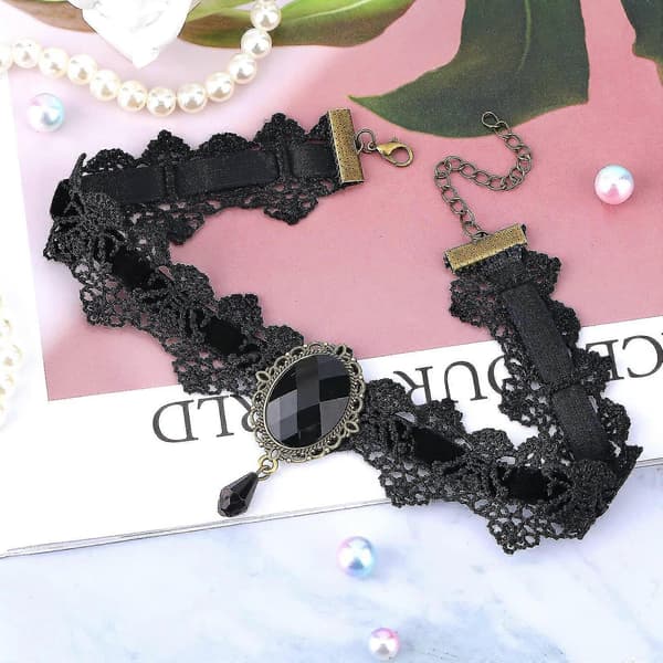 Chokerhalskæde til kvinder, sort choker gotisk smykke, sort blondechoker steampunk tilbehør til kvinder og piger
