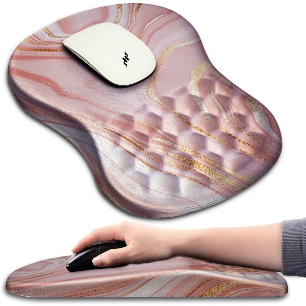 Ergonomisk musmatta Handledsstöd med massagedesign, smärtlindring för handledsstöd musmatta med minnesskum och halkfri (12x8 tum, rosa guldmarmor)