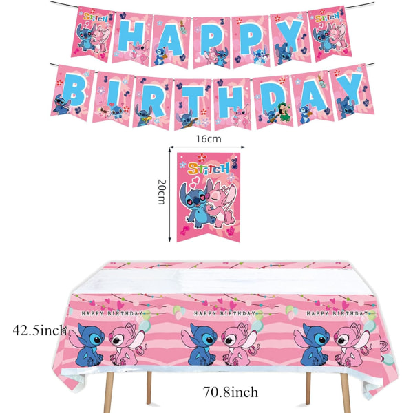Pink Stitch Party Födelsedagstillbehör, Cartoon Stitch Theme Party Bords med Grattis på födelsedagen banner, bordsduk, 20 engångs 7" papperstallrikar
