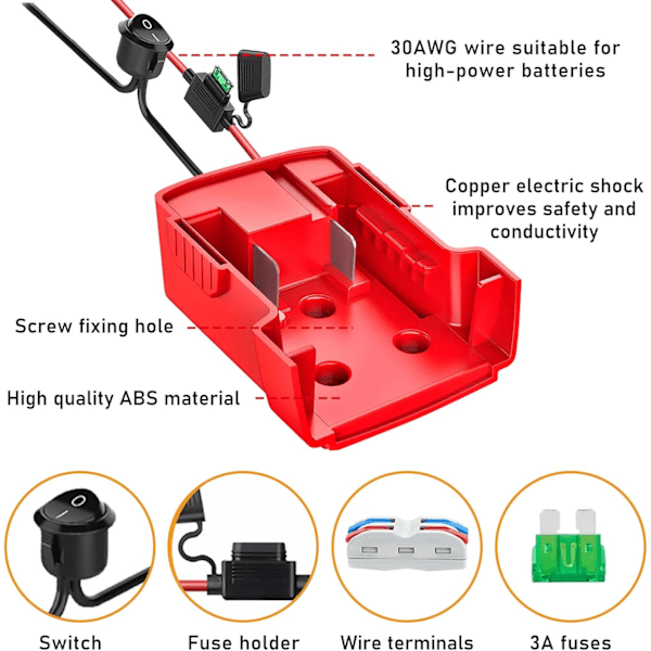 2 stycken strömhjulsadapter för Milwaukee 18 V batteri, batteriadapter, Dock Strömkontakt 14 AWG med säkring och strömbrytare