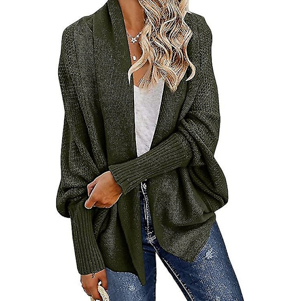 Dam Cardigan i Kimono-Stil med Batvingar, Kabelvirkad, Öppen Framtill, Slapp, Överstor, Wrap-Stil, Stickad, Ytterplagg green M