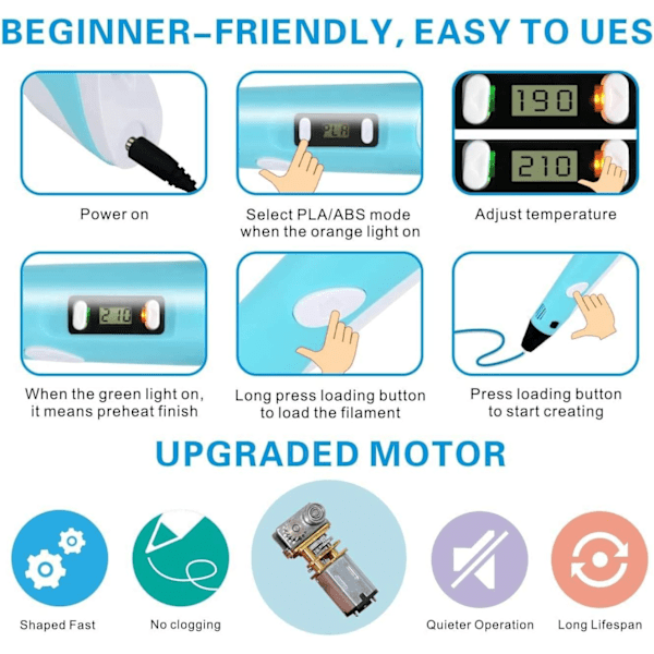 3D-penna för leksaker med LCD-skärm + 12 färger 36m 1.75mm PLA ABS-filament för barn och vuxna Blue