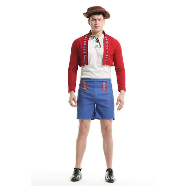Herrar Oktoberfest Kostym Set Röd Topp Med Blå Byxor L