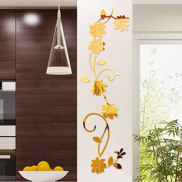 Flower Vine Acrylic Mirror Wall Stickers, Elegant Mirror Setting Wall Decal