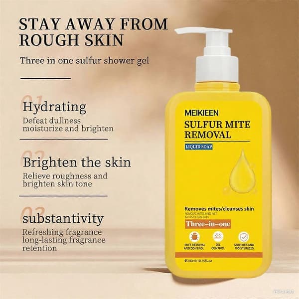 Refreshing shower gel based on sulfur, effectively combats body odor and acne; antibacterial formula with sulfur.