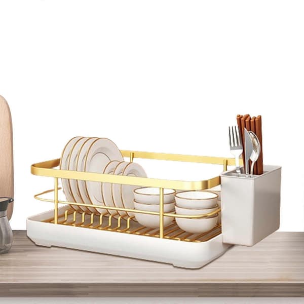 Dish Rack & ABS Cutlery Drainer with Utensil Holder and Tray for Kitchen Organization and Space-Saving Solution Gold