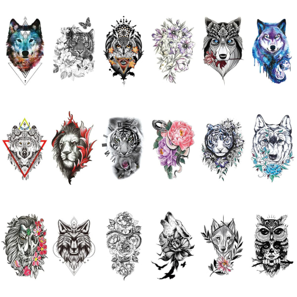 Vilda djur tillfällig tatuering för vuxna män kvinnor, 18-pack Wolf Owl Tiger Snake Lion Flower Design falska tatueringar, realistiska tatueringar för arm Grå 46