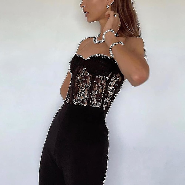 Kvinders sexede blondeblomstrede korset Top Patchwork Korset Sheer Mesh Beskåret linnedskjorte L