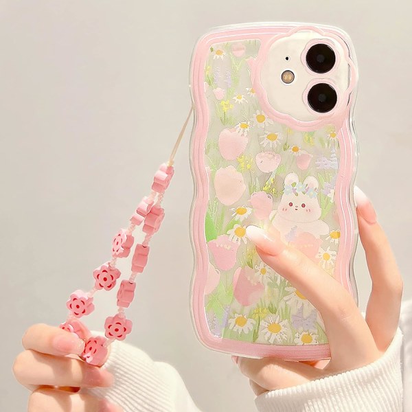 Kompatibelt för iPhone 12 case för kvinnor, flickor, söt genomskinlig tecknad blommig kanin med hjärtpärlor- Blomkanin2