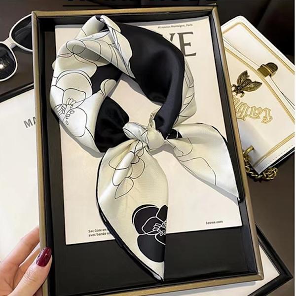 Sjal for kvinner, silke, lyse farger black and white camellia