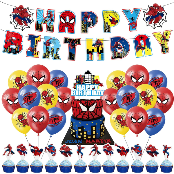 Tecknade festtillbehör, födelsedagsfestdekorationer inkluderar grattis på födelsedagen, tecknade tårtor, färgglad latexballong, tecknad film