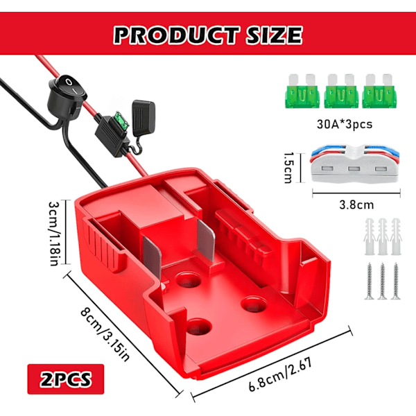 2 stycken strömhjulsadapter för Milwaukee 18 V batteri, batteriadapter, Dock Strömkontakt 14 AWG med säkring och strömbrytare
