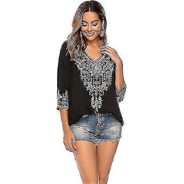 Kvinner Broderi Boho Skjorte 3/4 Erme Meksikansk Bohemske Topper Tunika Bluse