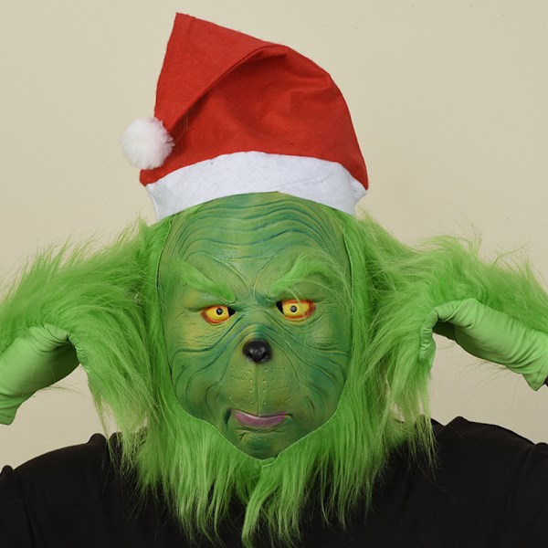 Juletyv grønn monster hodeplagg Julenissen hanske maske ferie morsomme onde rekvisitter hodeplagg + hansker + hatt