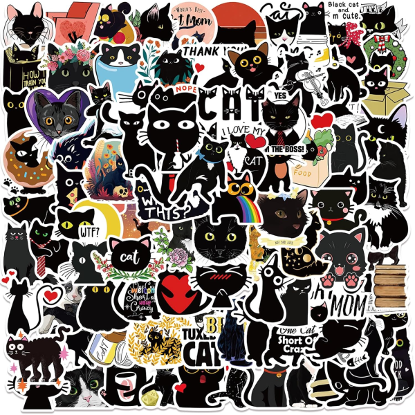 100 st Black Cat Stickers, Bulk Repeating Vinyl Waterproof Stickers för vuxna, Vinyl Laptop Stickers för Skateboard Svart 45