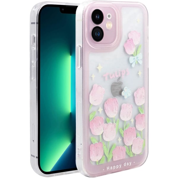 för iPhone 12 case, stötsäkert mjukt TPU- case Dropproof Protection Phone case Cover för iPhone 12 (6,1 tum), blå fjärilar och rosa blommor Blue,L
