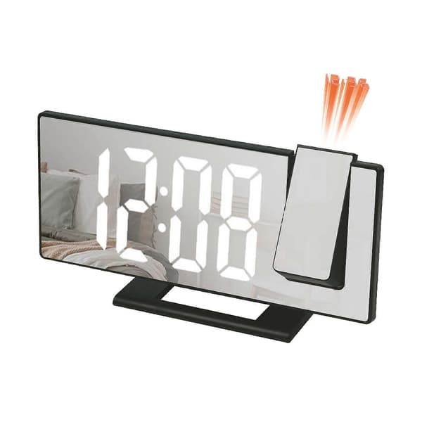 Projection Alarm Clock for Bedroom, LED Digital Clock Projected on Ceiling Wall, 180° Projector and Dimmer, Mirror Design, Snooze, 3-Speed Black