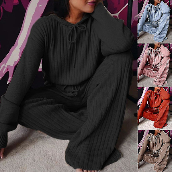 Kvinder Ribstrikket 2-delt Pyjamas Snøre Hættetrøje Top Bredbenede Bukser Loungewear