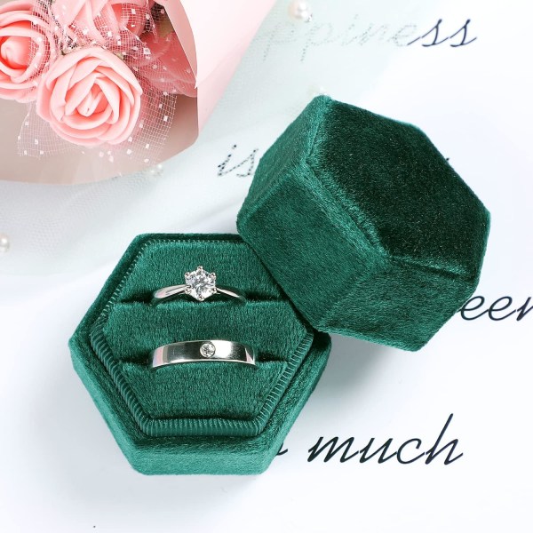 Sammetssmyckesringlåda, presentförpackning med dubbla ringar med avtagbart lock för bröllopsceremonin (smaragdgrön)