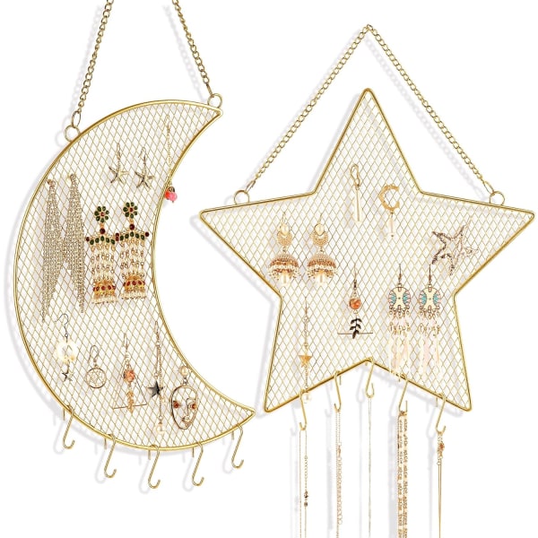 2-packs väggörhängehållare Hängande organizer, metallgaller Stjärn- och månformade smyckesställ, present för kvinnor och flickor