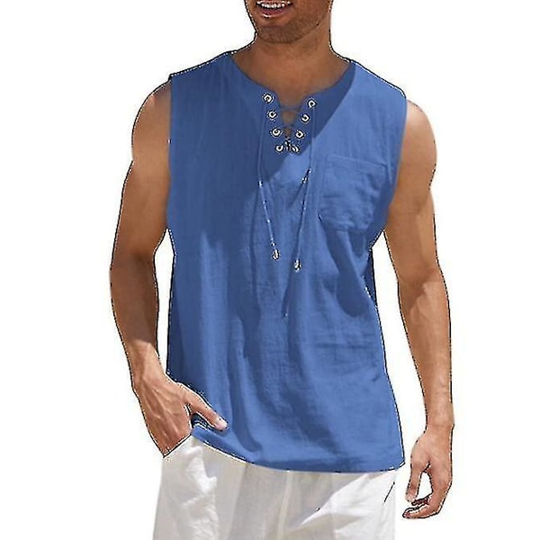 Miesten puuvillapellava hihaton paita rento pitsinauhallinen rantatoppi Dark blue 2XL