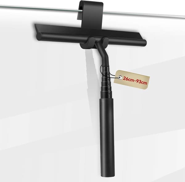ING Shower Squeegee, Extendable 26-93 cm, With Hook, Window Squeegee, Bathroom Accessories, No Drilling Required, Black