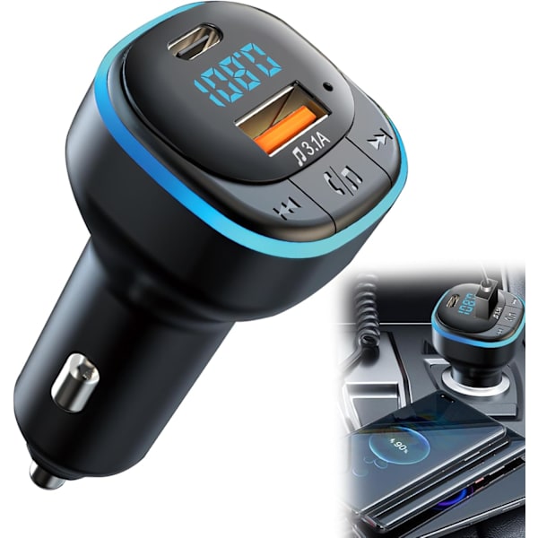 Bluetooth 5.0 FM Transmitter, Support for 5V/3.1A USB + Type C, Bluetooth Car Music Player with Blue Mood Light, Support for Hands-Free Calling, U Disk