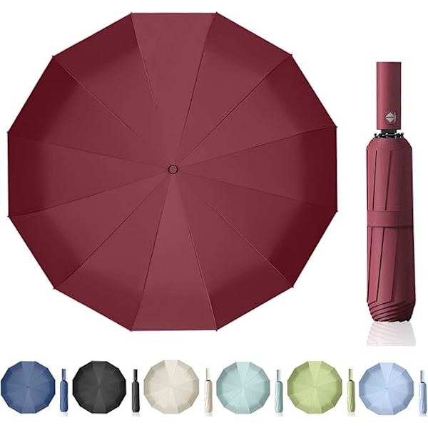 Maibar sateenvarjo, tuulenpitävä, vahva, kompakti, 24 ripaa, vedenpitävä, kokoontaittuva matkasateenvarjo, tuulenpitävä aurinkovarjo miehille ja naisille Wine Red