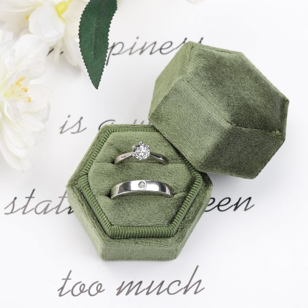 Sammetssmyckesringlåda, presentförpackning med dubbelring med avtagbart lock för bröllopsceremonin (olivgrön)