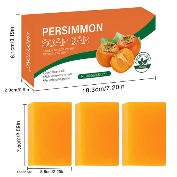 Persimmon Soap Bar 3-Pack for Body Odor Control, Natural Deodorizing and Moisturizing Organic Cleanser 3pcs