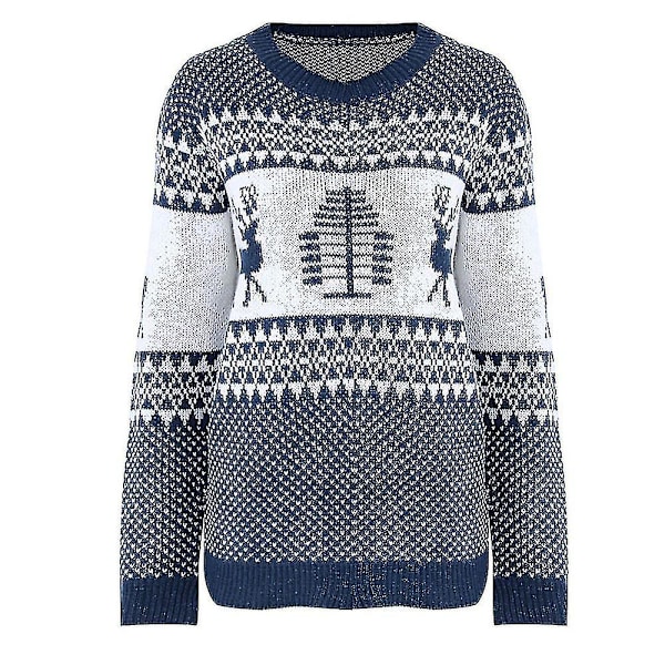 Jultröja för kvinnor, julgran, ren, varm stickad tröja med rund hals Navy Blue 2XL