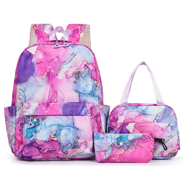 Backpack Large Capacity 3 Piece Set, Includes Lunch Bag and Pencil Case for Stu Water Ink Red