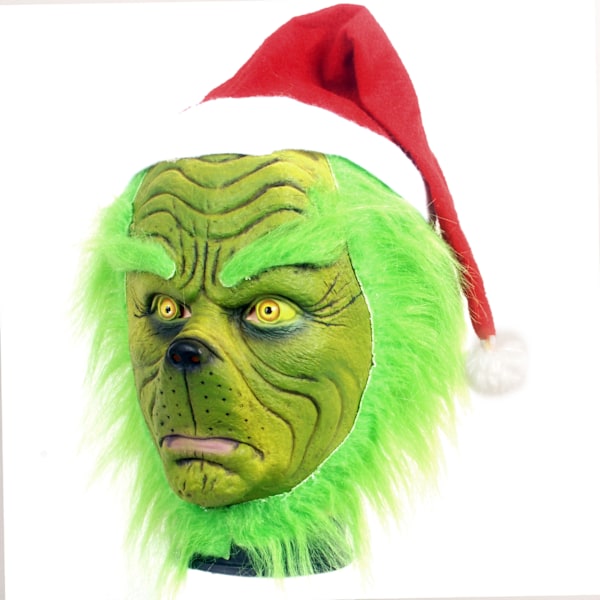 Grønn Monstermaske med Hatt Julekostyme Søt Dame Mann Julekostyme Cosplay Maske Latex Cosplay Maske Hodeplagg Hagegård Festrekvisitter