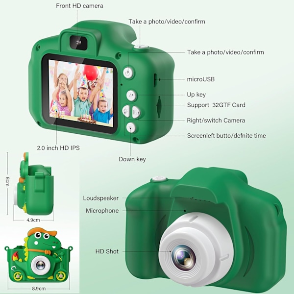 Dinosaurkamera, barnekamera med 2-tommers skjerm, 1080P, 32GB barne-selfiekamera, egnet for alle barn 3-12 år, gutter eller jenter Green