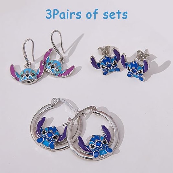 Stitch Örhängen 3-delat set, söta tecknade örhängen, hypoallergena örhängen Present för kvinnor och flickor
