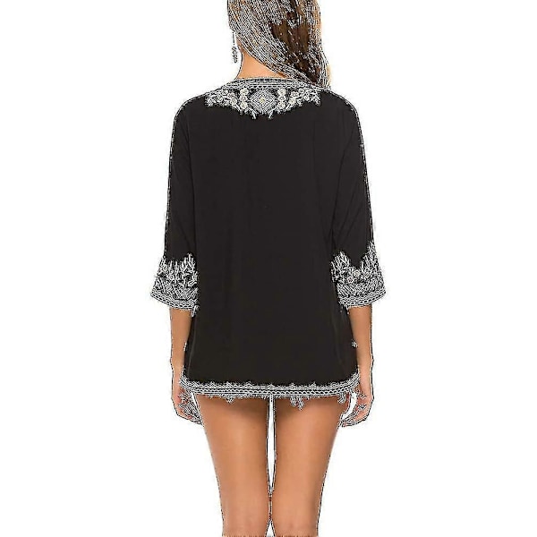 Kvinner Broderi Boho Skjorte 3/4 Erme Meksikansk Bohemske Topper Tunika Bluse