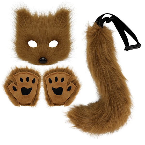 Falsk pels revhale katt ulv cosplay kostyme sett plusj maske fluffy potehansker Halloween jul Brown One Size