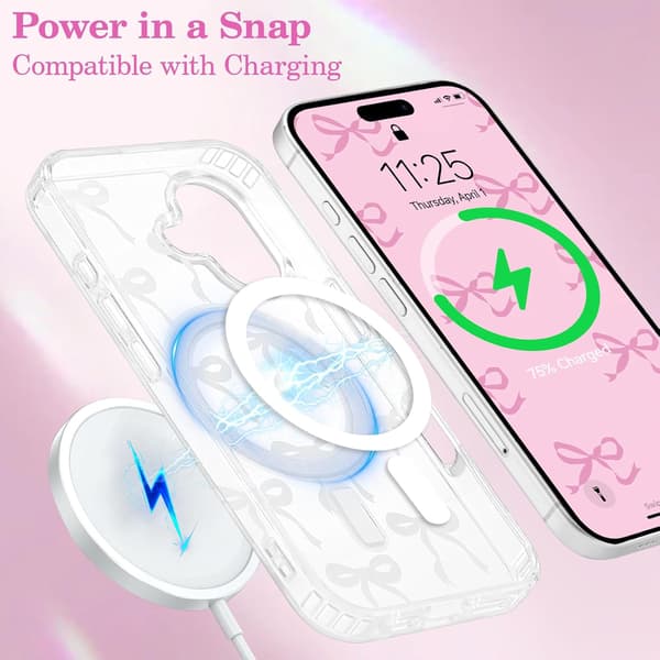 Magnetic Case for iPhone 17, Bow Case Compatible with MagSafe, Wireless Slim Transparent Strap Aesthetic Phone Case Anti-Yellowing C