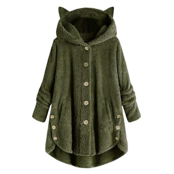 Plysjakke med katteører, uregelmæssig trendy ensfarvet jakke til kvinder Army green M