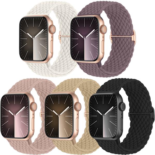 5-pack flätad solo-loop kompatibel med Apple Watch-band 40mm 38mm 41mm för kvinnor och män, justerbart nylon stretchigt elastiskt sportarmband B 42/44/45/49mm