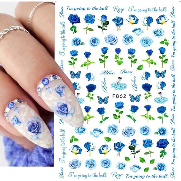 Flower Nail Art Stickers Dekaler 6 Sheets Spring Rose 3D självhäftande nagelklistermärken Blommor Rose Butterfly Design Nageldekaler Tillbehör