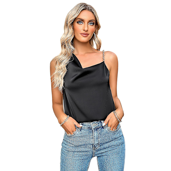 Satin Krage V-hals Drapert Rynket Front Flytende Tanktopp for Kvinner, Ermeløs Skjorte Topp