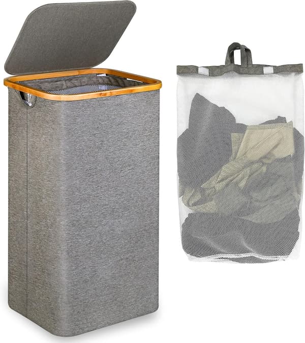 Large Laundry Basket with Lid, 100L Large Hamper with Bamboo Handles for Clothes, Large XXL Foldable Laundry Hamper with Grey Inner Bag