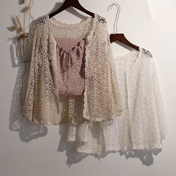 Sommar Flare Långärmad Stickad Cardigan för Kvinnor, Hålbroderad, Mesh, Öppen Fram, Kort, Tunn, Lätt, Lös, Strandtröja, Överdel Apricot