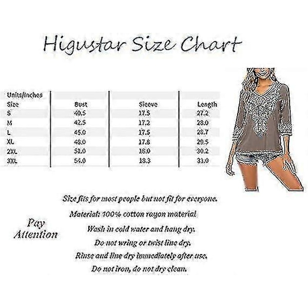 Kvinner Broderi Boho Skjorte 3/4 Erme Meksikansk Bohemske Topper Tunika Bluse